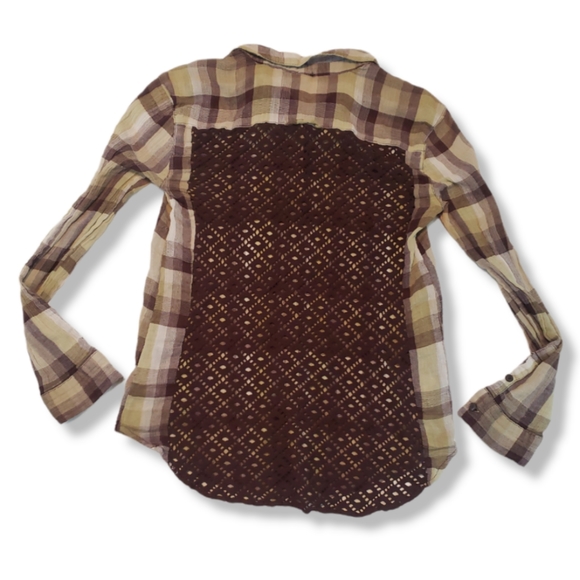 Free People Top Size Small Long Sleeve Plaid Button Down Shirt Crochet Open Back - Picture 2 of 6
